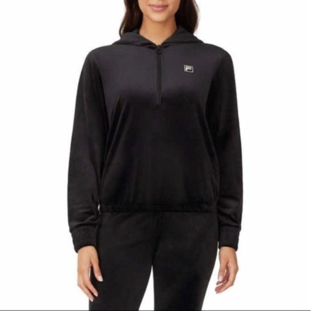 FILA Velour Quarter Zip Hoodie Black NEW - Large